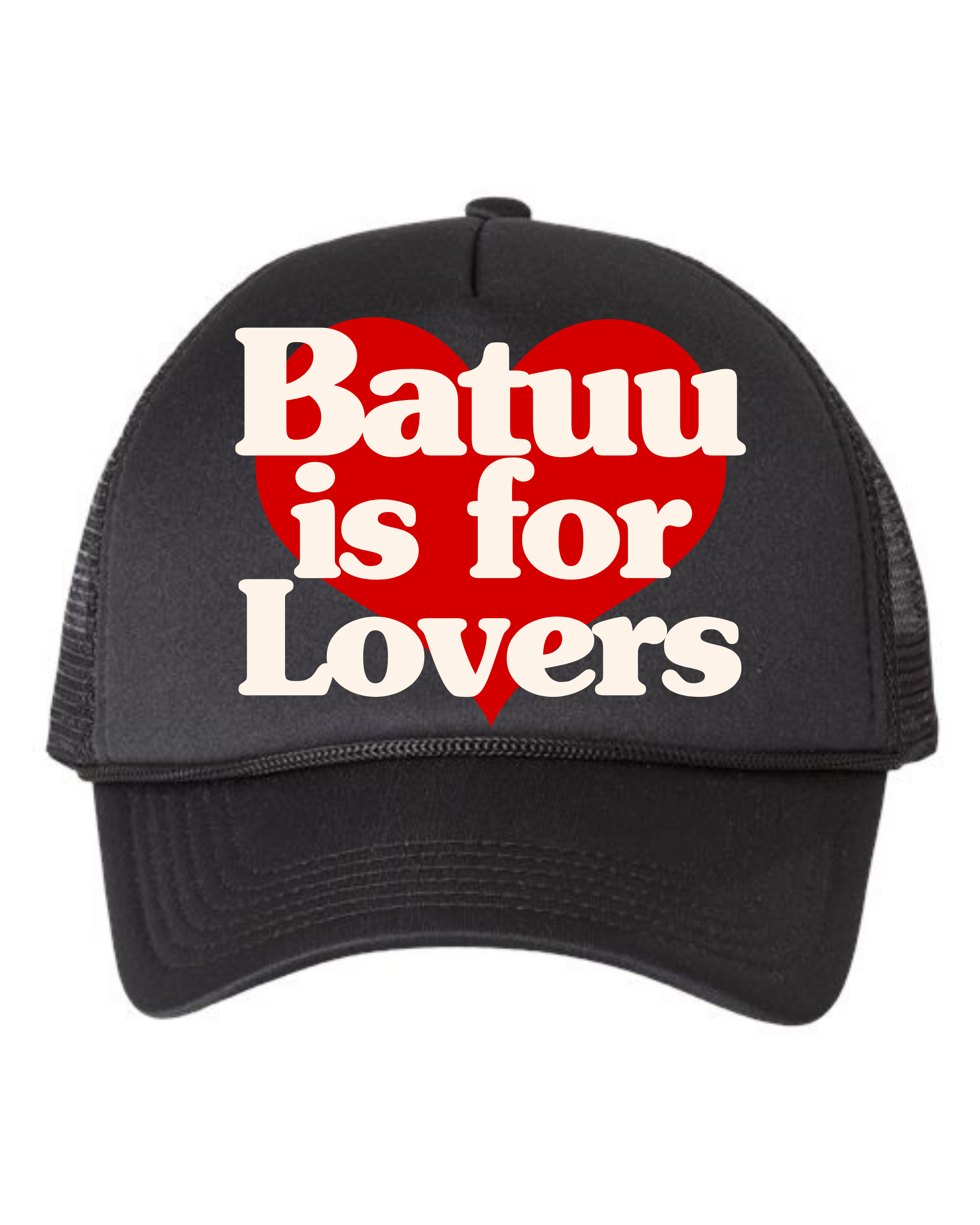 Black cap with 'Batuu is for Lovers' text and red heart on a white background