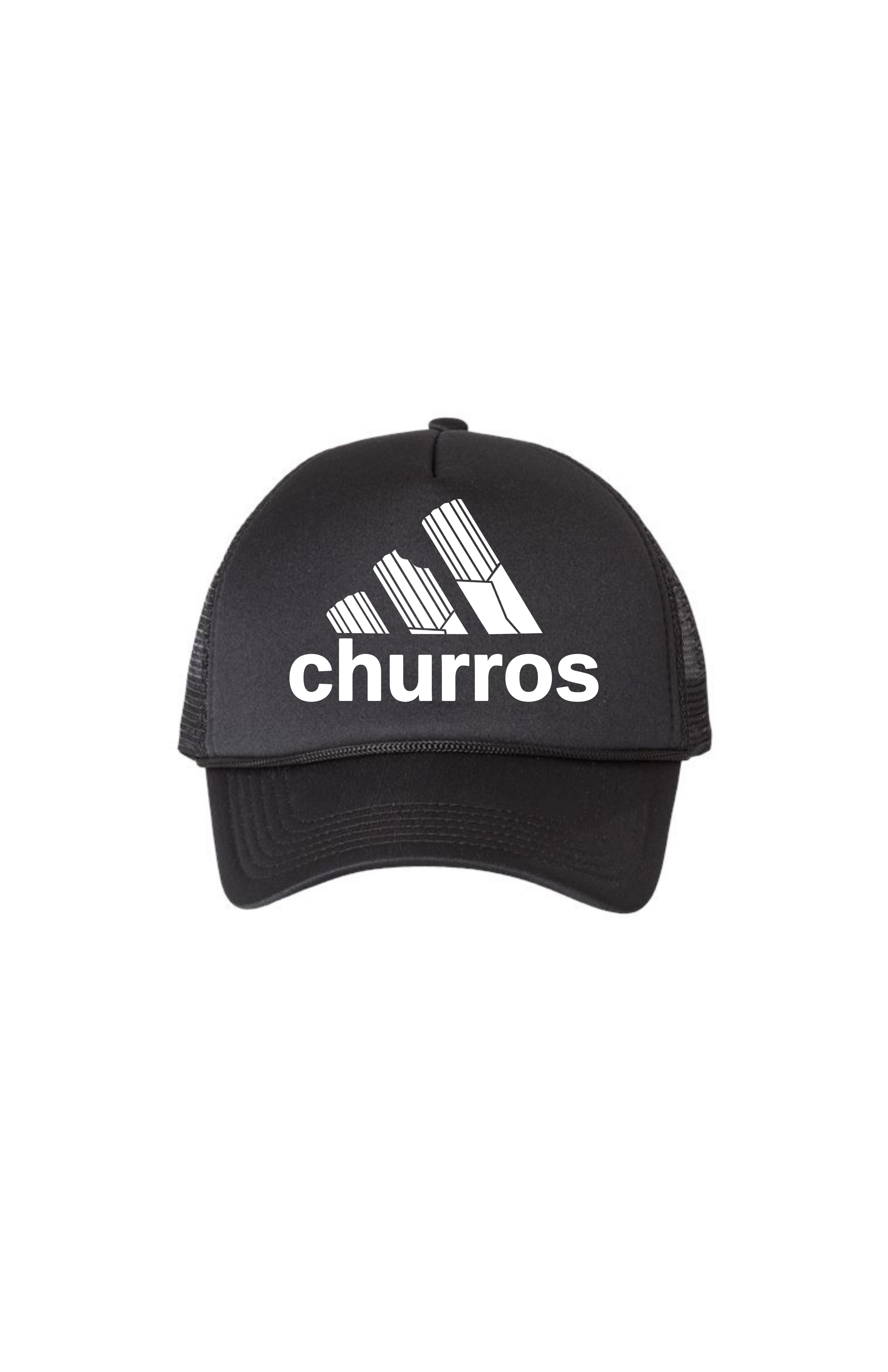 Black cap with 'churros' text and white logo on a white background